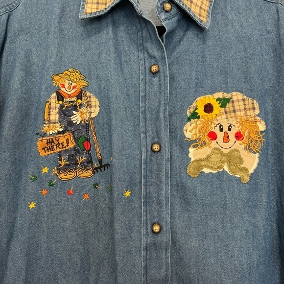 Vintage Lighthouse Apparel Chambray Scarecrow Embroidered Button Down Shirt - Picture 3 of 6